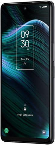 TCL Stylus phone, front view, displaying lock screen with time 09:30 and teal digital wave design