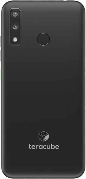 Rear view of black Teracube 2e with triple vertical cameras, flash, circular fingerprint sensor, and Teracube logo at bottom.