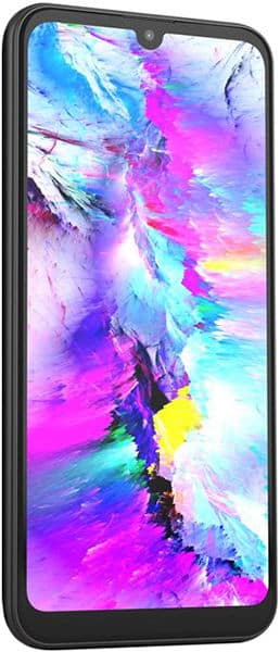 Teracube 2e smartphone angled to show front display with slim black frame and vibrant abstract brushstroke wallpaper.
