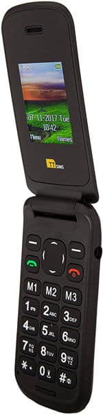 TTsims TT140 flip phone in open position, showing small color display screen and numeric keypad with call and end buttons