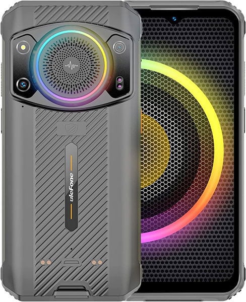 Ulefone Armor 21 shown front and rear; textured gray back with circular LED speaker, screen displays matching ringed LED pattern.