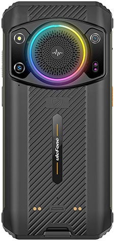 Rear view of Ulefone Armor 21 shows textured back, large circular LED speaker, dual cameras, and vertical Ulefone branding.
