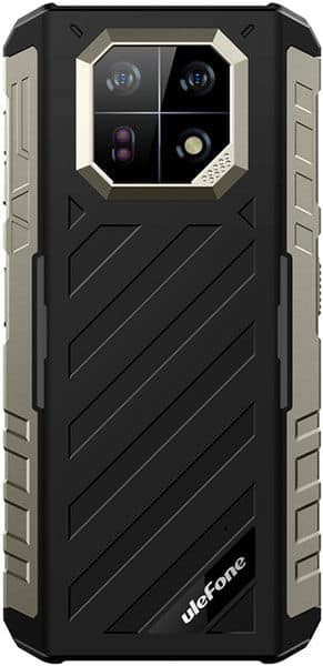 Ulefone Armor 22 rear view, showing quad camera setup in octagonal frame, black body with gray/tan side accents and diagonal texture pattern