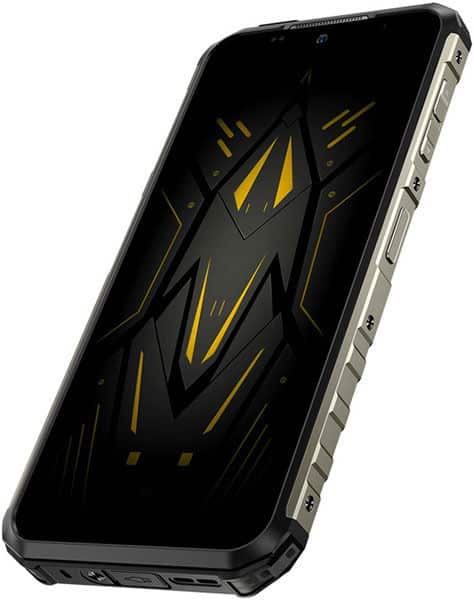 Ulefone Armor 22 front view, rugged smartphone with black screen displaying yellow geometric design and reinforced side frame