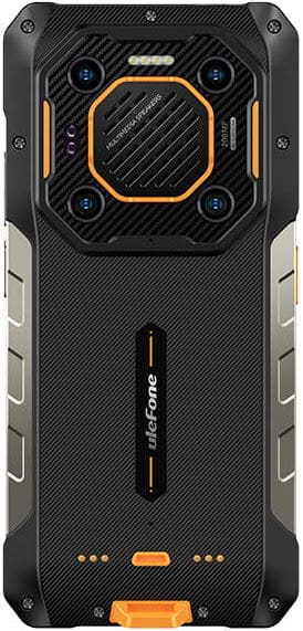 Ulefone Armor 26 Ultra rear view, showing carbon fiber back with orange accents, circular camera module, and blue corner buttons