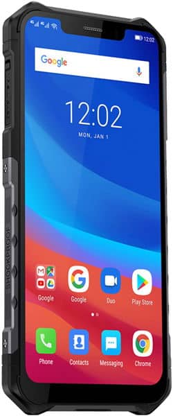 Ulefone Armor 6 front view, rugged smartphone with blue gradient display showing time 12:02, Google search bar, and app icons including Phone, Contacts, Messaging, Chrome, Google, Duo, and Play Store