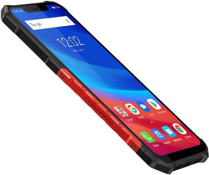 Ulefone Armor 6 front view with blue and red gradient display showing time and app icons, rugged black bezels on sides