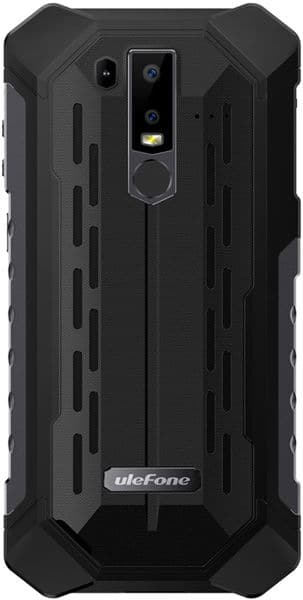 Ulefone Armor 6 rear view, showing dual camera setup, LED flash, and rugged black design with reinforced edges