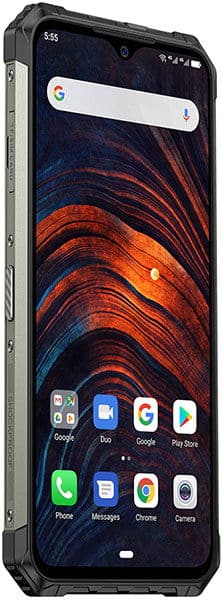 Ulefone Armor 7 front view, showing dark screen with orange and blue swirling wallpaper, Google search bar, and app icons including Phone, Messages, Chrome, and Camera