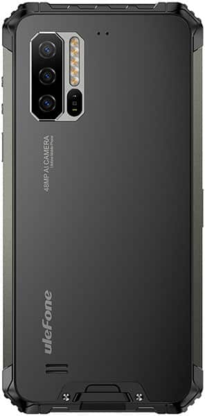 Ulefone Armor 7 rear view, showing triple camera setup and LED flash on black rugged smartphone back