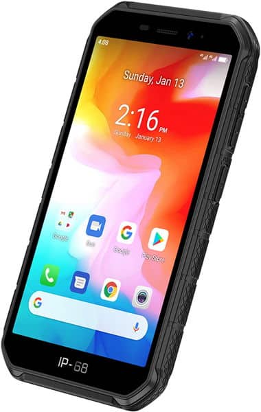 Ulefone Armor X7 rugged smartphone front view with colorful gradient lock screen displaying time and date, home screen apps visible below