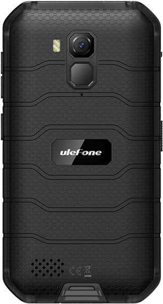Ulefone Armor X7 rear view showing black rugged textured back with dual camera, fingerprint sensor, and speaker grille