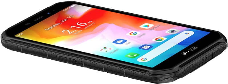 Ulefone Armor X7 front view, black rugged smartphone with colorful gradient display showing home screen icons and time