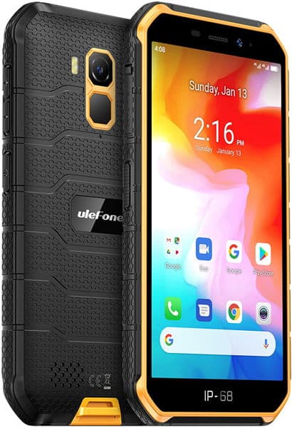 Ulefone Armor X7 rugged smartphone, front view, showing colorful homescreen with time, date, and app icons against black and gold design