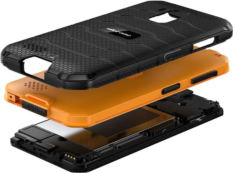 Ulefone Armor X7 exploded view showing black textured case, orange mid-frame, internal components, and battery with gold contacts