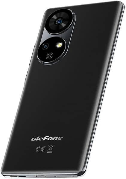 Rear angled view of black Ulefone Note 17 Pro with dual large cameras, flash, and "uleFone" branding near the bottom.