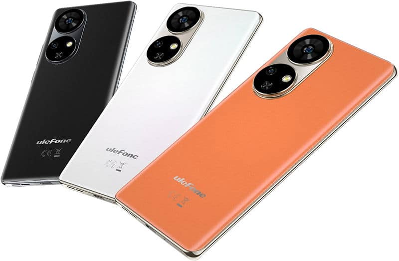 Rear view of three Ulefone Note 17 Pro phones in black, white, and orange, showing dual vertical cameras and Ulefone branding.