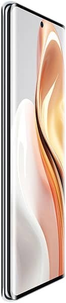 Front view of a partially open foldable phone like Ulefone Note 17 Pro, screen on with gold and white abstract design, camera centered.