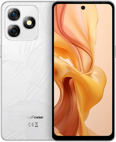 Ulefone Note 18 Ultra front view, white phone with triple rear camera setup and peachy wallpaper on display
