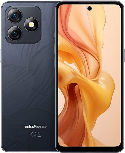 Ulefone Note 18 Ultra front and rear view showing dark blue phone with triple camera setup and peachy-orange abstract wallpaper on screen