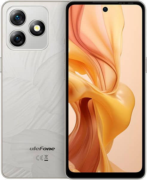 Ulefone Note 18 Ultra front and rear view, white phone with triple rear camera setup and peach-toned display wallpaper