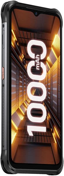 Front angled view of Ulefone Power Armor 14 Pro showing "10000 mAh" on screen above a lit industrial tunnel graphic.