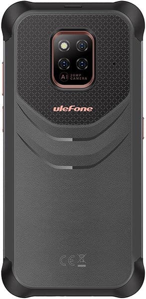 Rear view of Ulefone Power Armor 14 Pro showing textured black finish, square triple camera module, branding, and certifications.