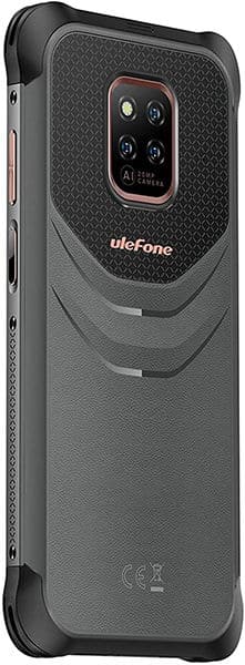 Ulefone Power Armor 14 rear view, showing quad camera array with red accents on textured dark gray body
