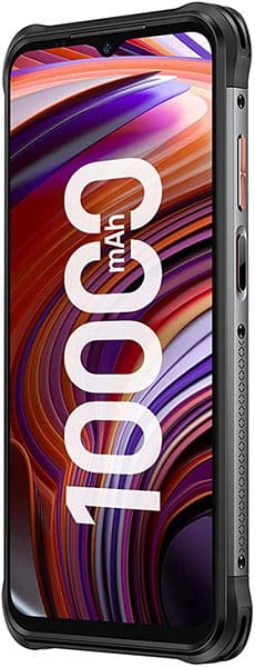 Ulefone Power Armor 14 front view, displaying colorful rainbow-striped screen with white branding text, black rugged frame with side buttons