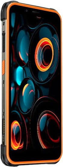 Ulefone Power Armor 16S in orange-black case, three-quarter view; screen shows colorful, glossy circular abstract pattern.