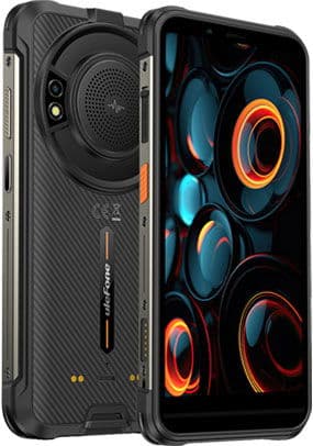 Ulefone Power Armor 16S rear view: rugged black case, circular rear module, bold branding; front shows vibrant ring design.