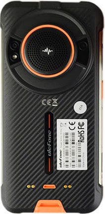 Ulefone Power Armor 16S rear view: rugged black with orange accents, top circular speaker, barcode labels, textured back.