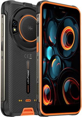 Ulefone Power Armor 16S, rear and front view: black-orange case, back speaker grill, screen with orange-black concentric circles.