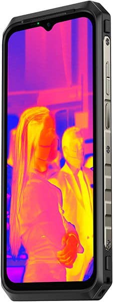 Ulefone Power Armor 18T front view with thermal camera display showing heat signatures in yellow, orange, and pink tones on its screen