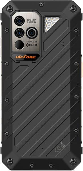 Ulefone Power Armor 18T rear view, showing 108MP camera module with thermal imaging, rugged black design with diagonal striping and corner screws
