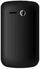 Buzz phone, back view, black rounded rectangular handset with speaker and camera lens visible