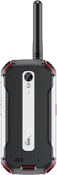Rear view of the Unihertz Atom XL showing visible antenna, textured black and silver back, camera lens, and circular flash.