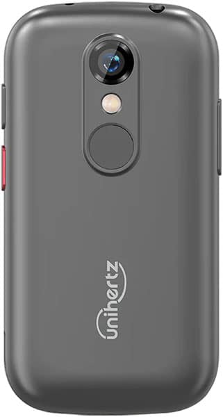 Rear view of gray Unihertz Jelly 2E showing single camera, flash, fingerprint sensor, and logo near the bottom.