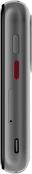 Side view close-up of Unihertz Jelly 2E shows three buttons (one red, two grey), SIM card tray, and port beneath the tray.