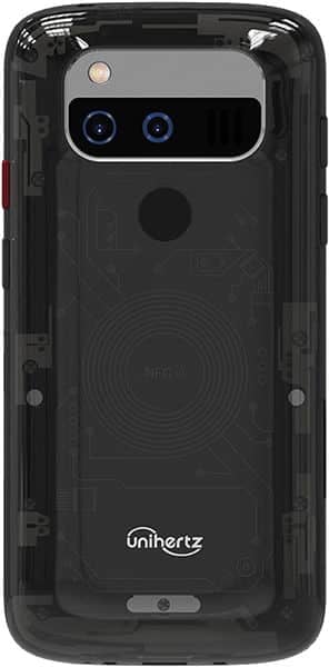 Rear view of black Unihertz Jelly Max with transparent case; dual cameras, flash, fingerprint sensor, NFC logo, visible circuits.