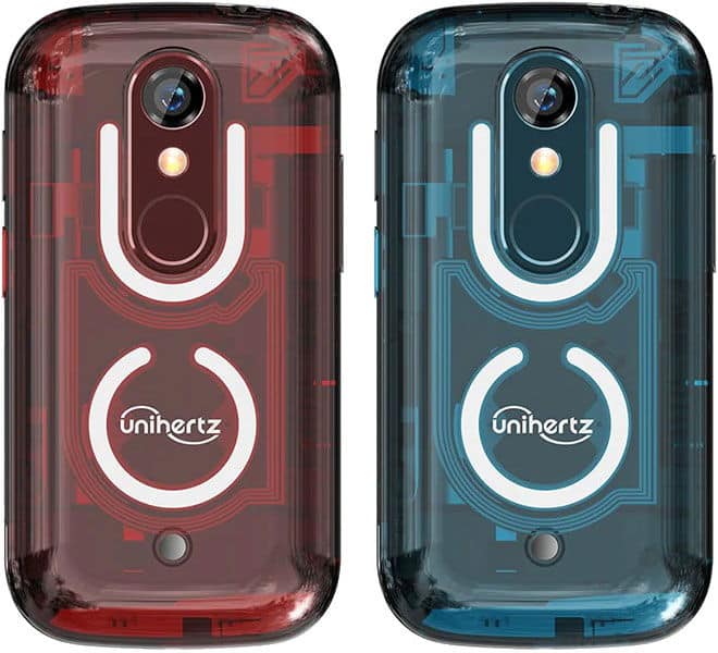 Unihertz Jelly Star rear view, two models shown in red and blue translucent cases with circular design and camera module visible