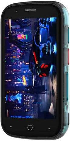 Unihertz Jelly Star front view displaying a colorful neon-lit cityscape game scene on its screen, with gradient blue and pink edges visible on the compact device's bezel