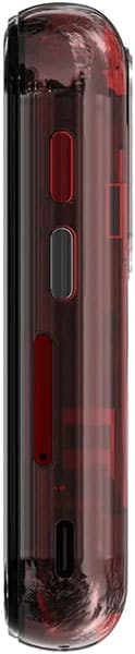Unihertz Jelly Star smartphone viewed from the side, showing a translucent red case with visible internal components and button details