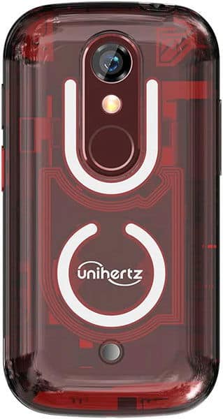 Unihertz Jelly Star rear view, translucent red casing with white circular design and camera lens visible