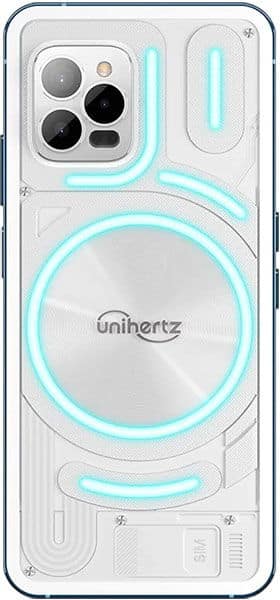 Rear view of Unihertz Luna showing white back, "unihertz" logo, triple cameras, flash, and blue LED strips in circular patterns.