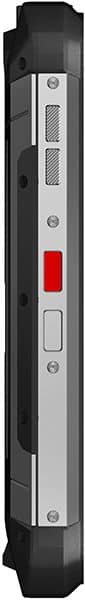 Unihertz Tank 2 side view, showing rugged black casing with silver accent stripe, red power button, and speaker grille