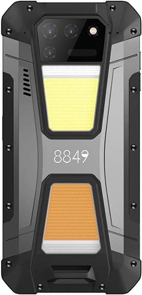 Unihertz Tank 2 rugged smartphone, rear view, showing triple camera setup, yellow and orange light panels, and model number 8849