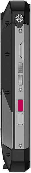 Side view of Unihertz Tank 3 Pro showing metal frame, two textured buttons, pink button, round button, and top speaker grille.