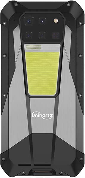 Rear view of Unihertz Tank 3 Pro showing rugged black and metallic case, multi-lens camera, yellow panel, and logo.