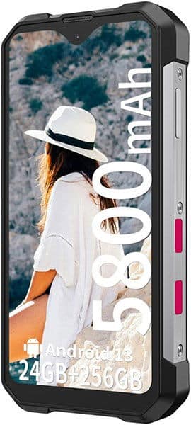 Unihertz Tank Mini front view, rugged black smartphone with display showing woman in white hat, Android branding visible, pink side buttons